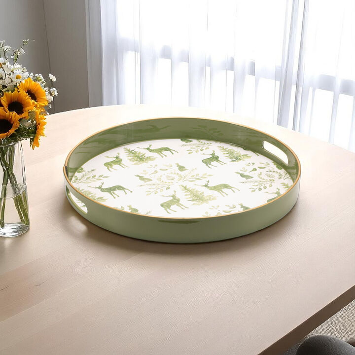 HomeRoots 14" Green White And Gold Woodland Scene Round Serving Tray With Handles