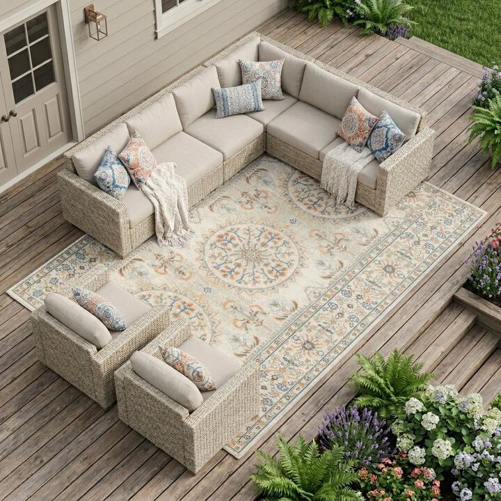 HomeRoots Medallion Stain Resistant Indoor Outdoor Area Rug