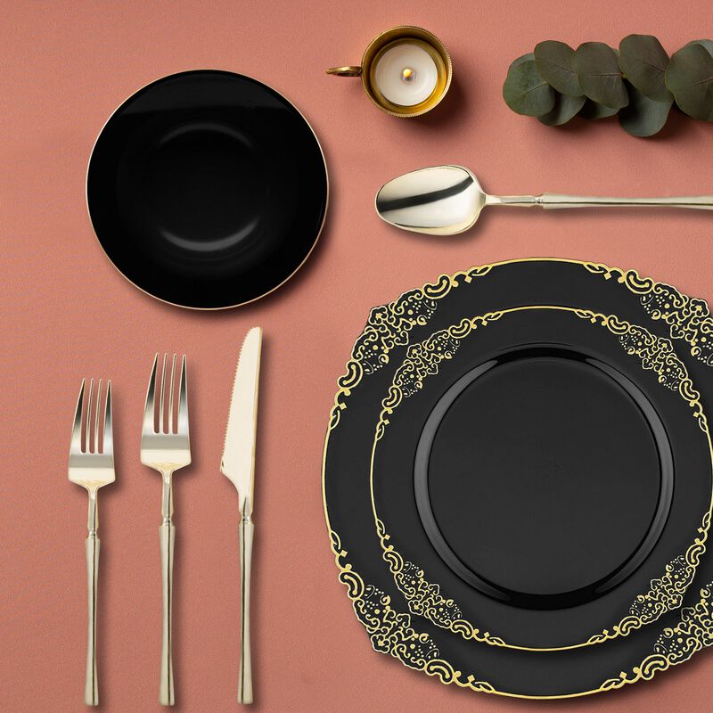 Black with Gold Fancy Round Plastic Tableware Set (120 Sets) image number 8