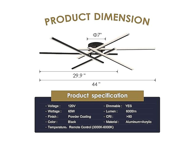 Modern LED Chandelier Remote Control 6 Lights Black Semi Flush Mount Ceiling 60W image number 3