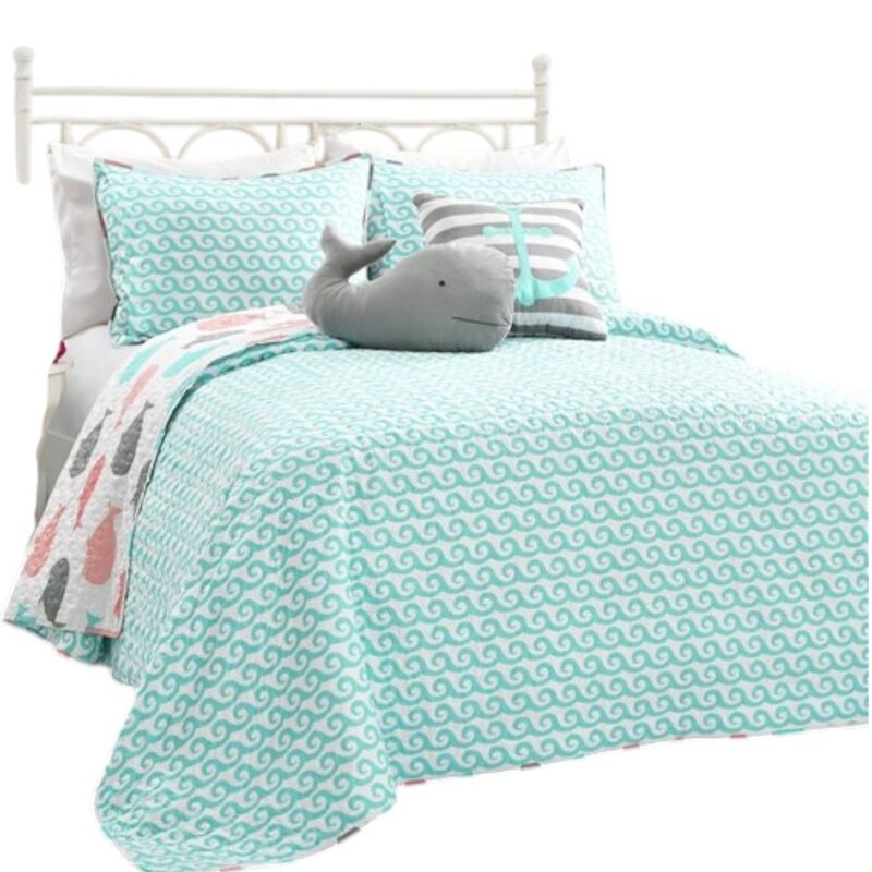Hivvago Full/Queen 5 Piece Microfiber Quilt Set in Teal Pink Aqua Waves Whale Pattern