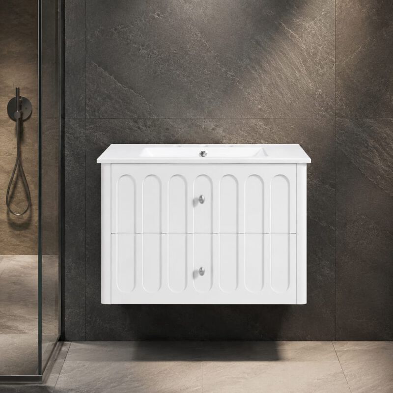 ELEMENT ACE 30 Inch Modern Wall-Mounted Floating Bathroom Vanity with Ceramic Sink, Soft-Close Drawers, Round Edges, Oval Knobs Ideal for Small Compact Bathrooms image number 3