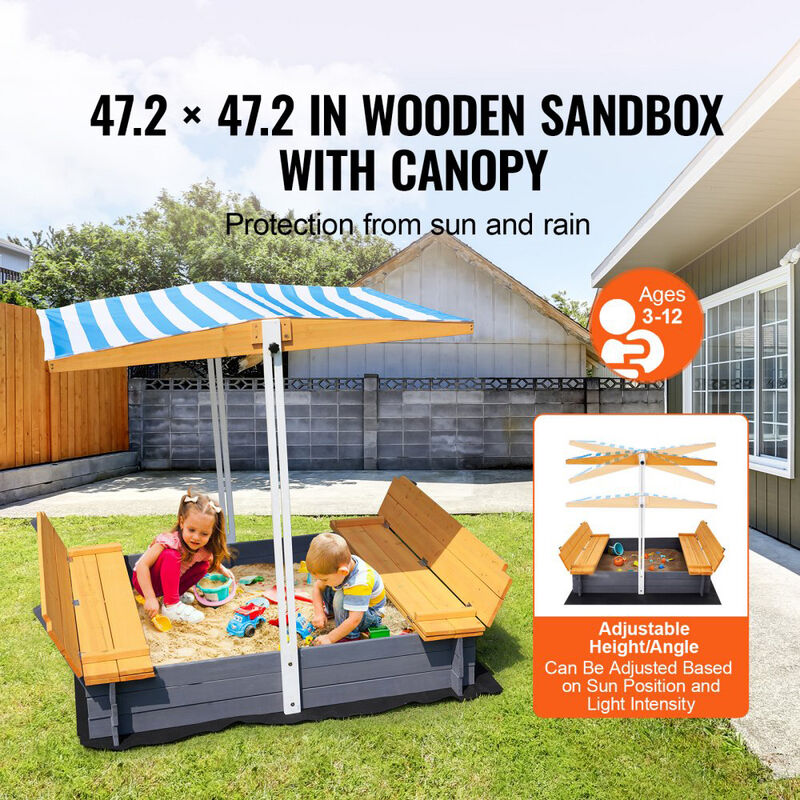 Outdoor Wooden Sandbox with Adjustable Canopy, Foldable Seats and Bottom Liner for Kids image number 5