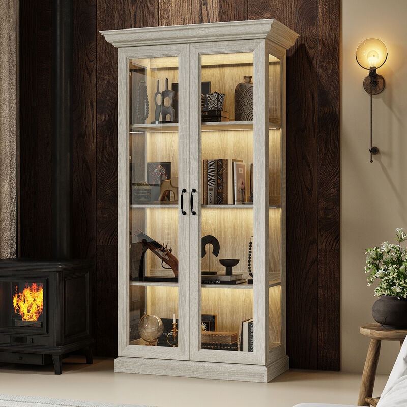 FUFU&GAGA Tall Glass Display Cabinet with LED Strip Light (37" W x 18.5" D x 69.3" H), Saw-Cut Gray Oak Finish