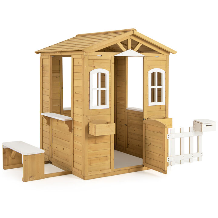 Outdoor Toddler Playhouse with Bench Seat and Service Counters &ndash; Wooden Build, Age 2+