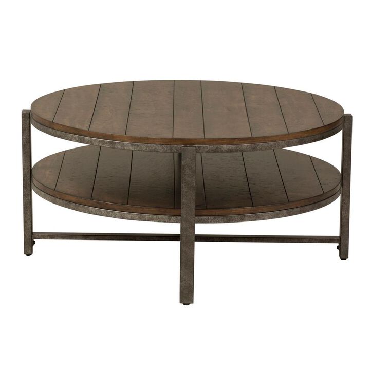 Liberty Furniture Breckinridge Round Cocktail Table in Mahogany Spice w/ Pewter Metal