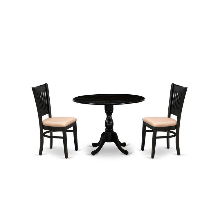 East West Furniture - DMVA3-BLK-C - 3-Pc Dining Room Table Set- 2 Dining Chairs with Linen Fabric Seat and Slatted Chair Back - Drop Leaves Dining Table - Black Finish