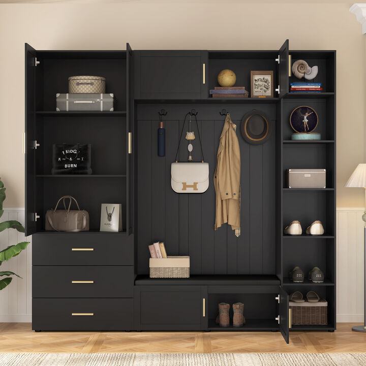 Merax Hall Tree with Cushioned Seating Bench, Decorative Hooks & Customizable Shelving