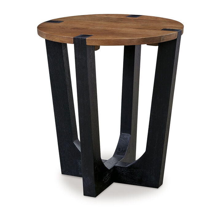 Leyi Round Side End Table, Black Angled Legs, 22 Inch Brown Mango Wood