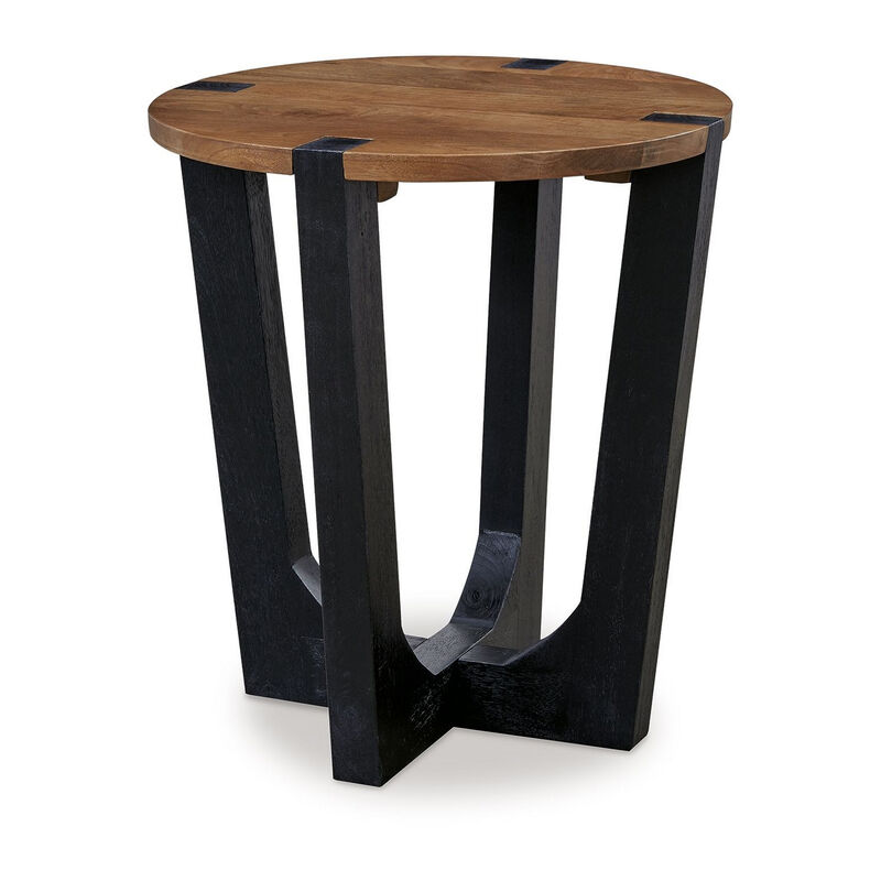 Leyi Round Side End Table, Black Angled Legs, 22 Inch Brown Mango Wood