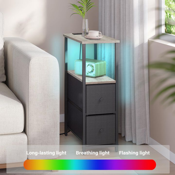 TUTOTAK Small Narrow LED End Table with Charging Station, Side Table Outlets, Nightstand with 2 Cloth Drawers, Set of 2, Couch T