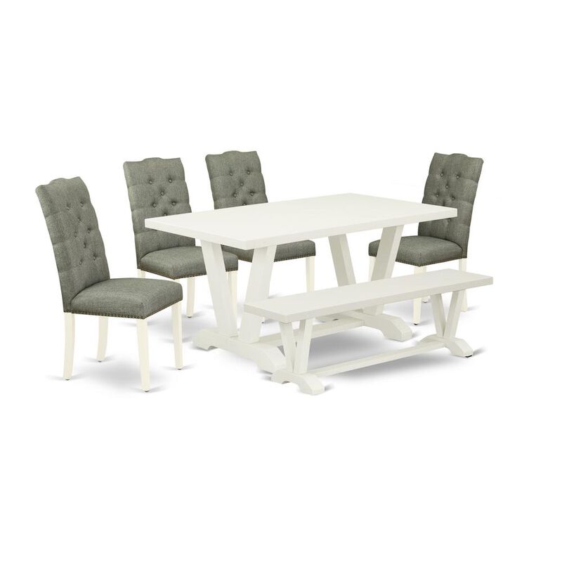 East West Furniture 6-Pc Dinette Table Set-Smoke Color Linen Fabric Seat and Button Tufted Chair Back Parson Dining chairs, A Rectangular Bench and Rectangular Top Dining room Table with Solid Wood Le