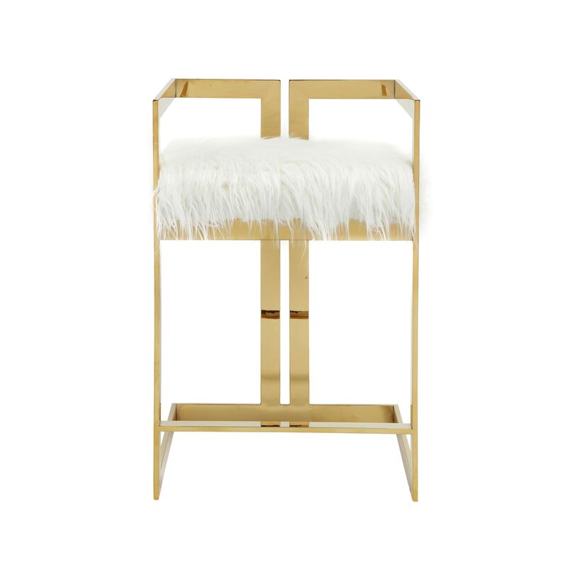 Suki 26 Inch Counter Height Chair, White Faux Fur, Gold Cantilever Base - Benzara
