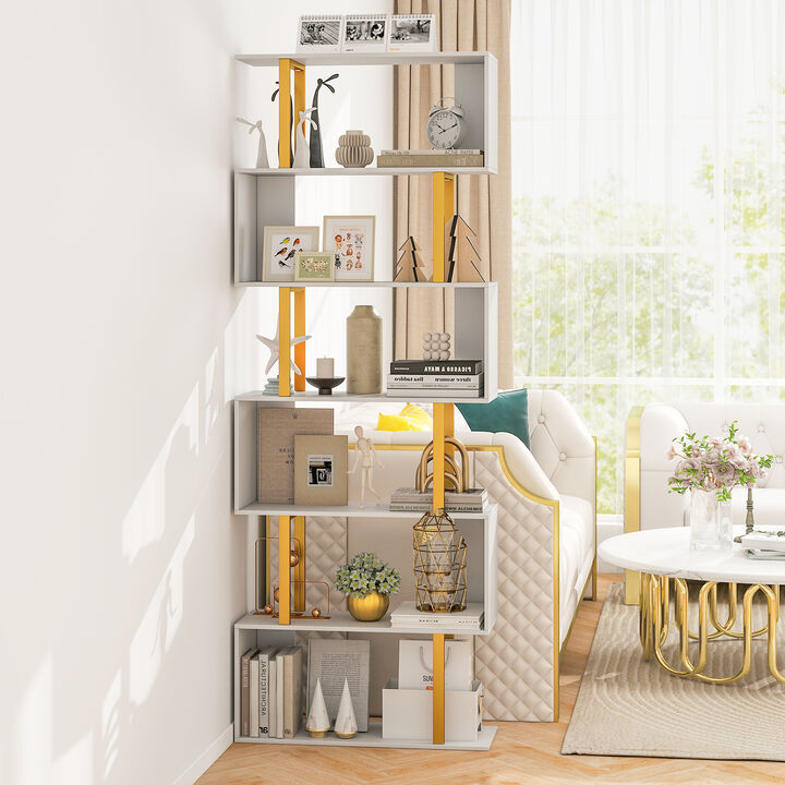 6-Tier Geometric Bookcase with Metal Frame and Dual Anti-Tipping Kits