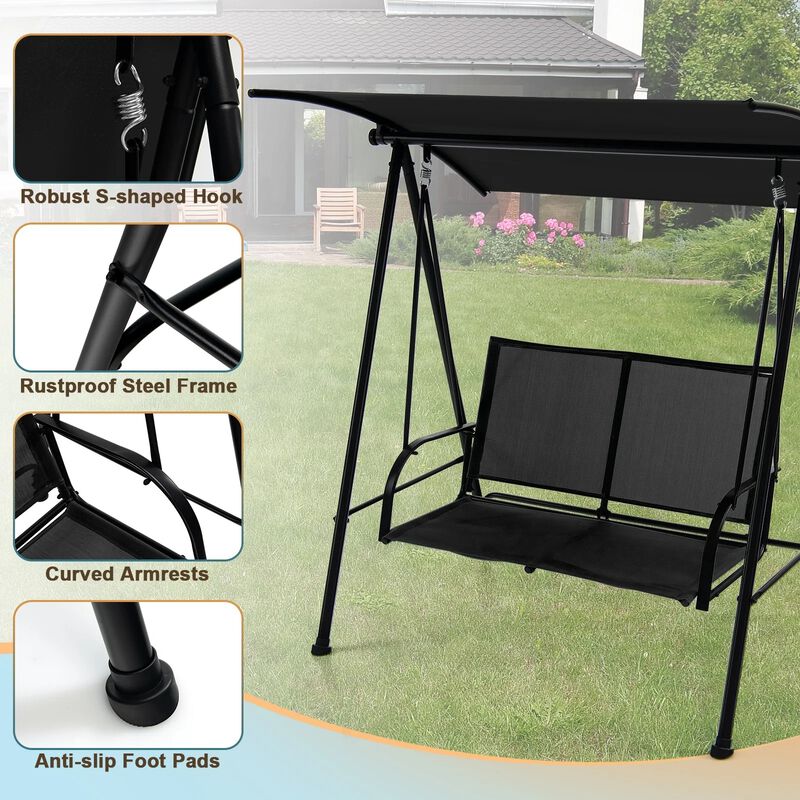 Mondawe 2-Seat Outdoor Canopy Swing with Comfortable Fabric Seat and Heavy-duty Metal Frame