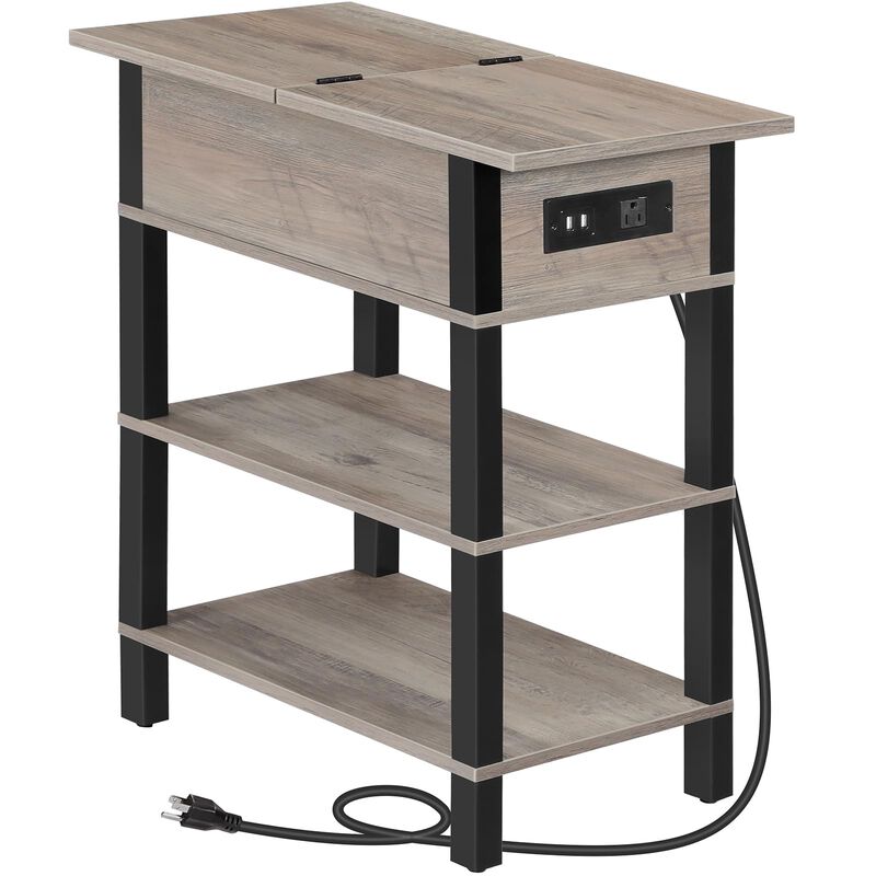 HOOBRO End Table with Charging Station, Flip Top Side Table with USB Ports, Narrow Nightstand Bedside Tables with Storage Shelve