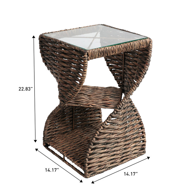 Suraya Coastal Bohemian Handwoven Water Hyacinth Sculptural Twisted End Table with Glass Top and Storage Shelf image number 3