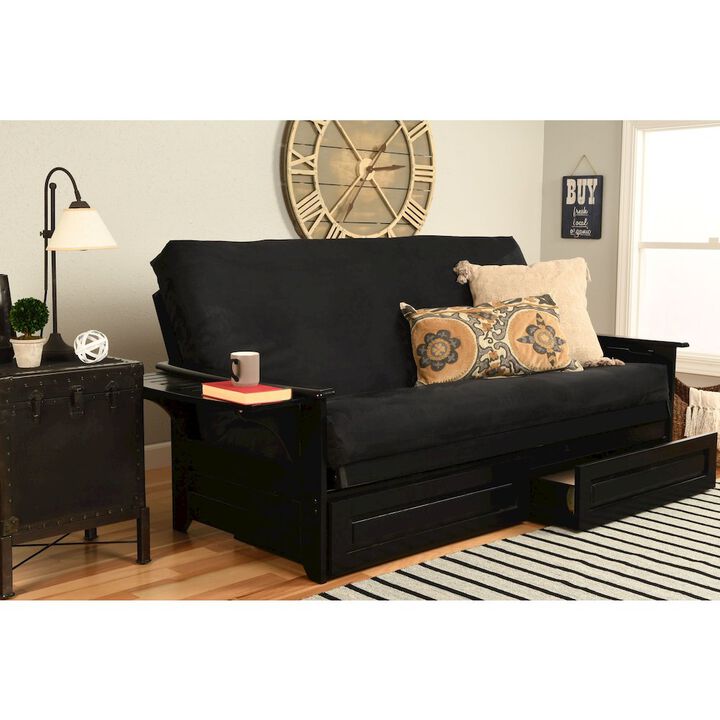 Phoenix Frame Queen-Espresso Finish-Suede Black Mattress-Storage Drawers