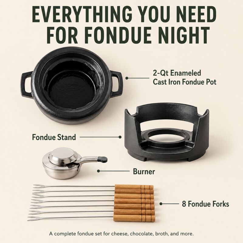 Alva Nori Enameled Cast Iron Fondue Set 2Qt. - Oven Safe and Made without PFAS, PFOA & PTFE - Includes 8 Fondue Forks, Fondue Pot, Adjustable Burner & Stand image number 5