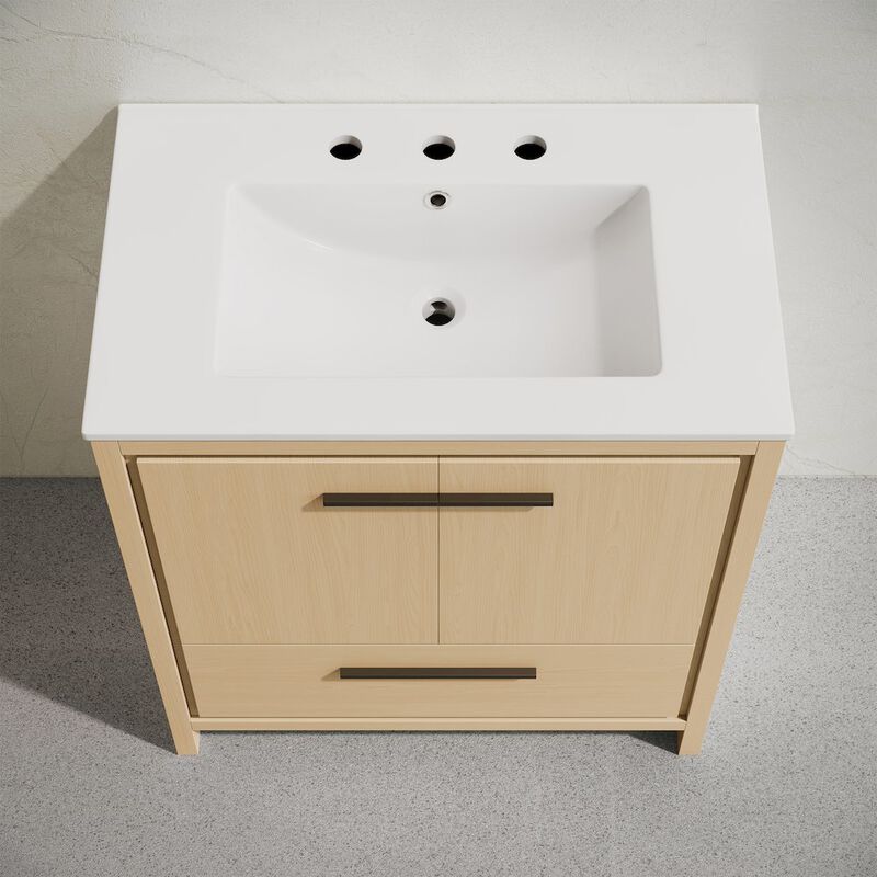 30" Freestanding Bathroom Vanity in Natural Oak with 3-Hole Widespread Sink Top image number 2