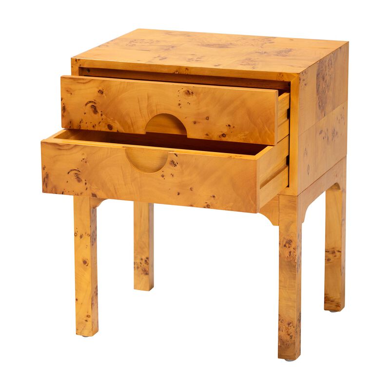 bali & pari Kayla Modern and Contemporary Natural Light Mappa Burl Wood 2 Drawer Nightstand