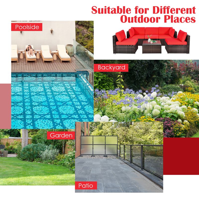 6 Pieces Patio Rattan Furniture Set with Cushions and Glass Coffee Table image number 5