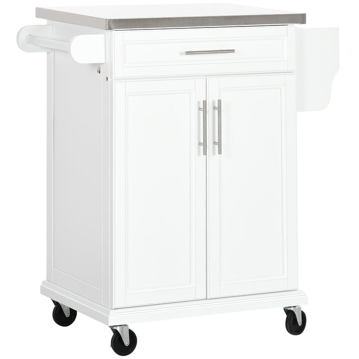 Kitchen Cart on Wheels, Rolling Kitchen Cart with Stainless Steel Countertop, Drawer, Towel Rack & Spice Rack, White