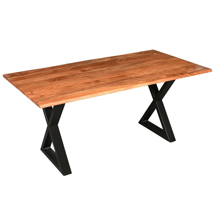 67 Inch Rectangular Dining Table with Crossed Black Metal Legs and Natural Brown Faux Live Edge Acacia Wood Top-Benzara