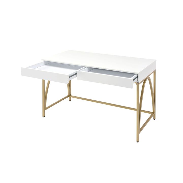 Lightmane Desk, White High Gloss & Gold