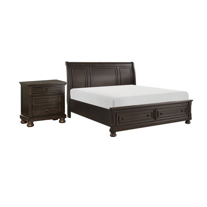 Queen Size Bedroom Set, Brown Finish, Storage Bed with Drawers, 2-Piece Set with Bed and Nightstand