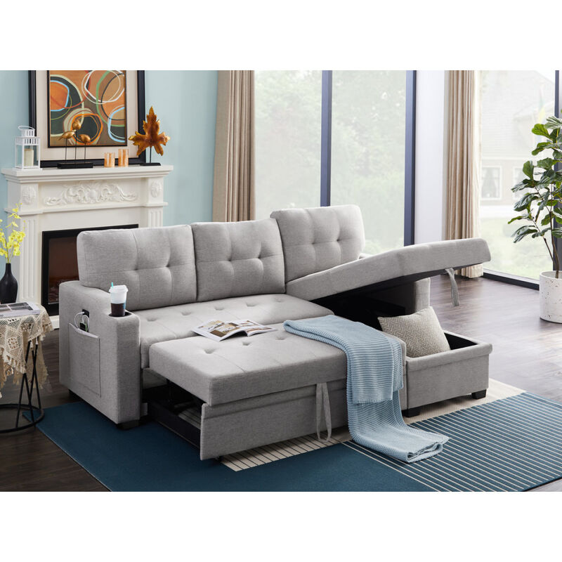 Mabel Light Gray Linen Fabric Sleeper Sectional with cup holder, USB charging port and pocket