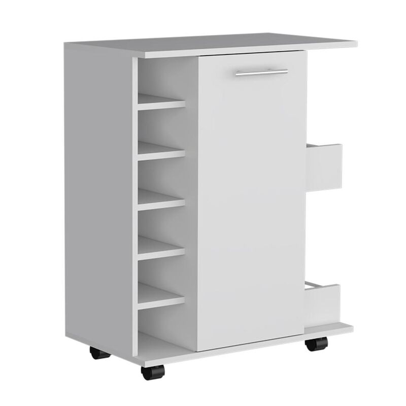 Bar Cart with 6-Built in Bottle Racks, Casters and 2-Open Side Shelves, White