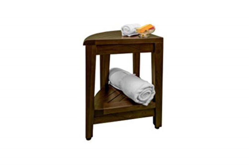 DecoTeak SnazzyCorner 23" Teak Wood Extended Height Corner Shower Bench with Shelf in Woodland Brown Finish - Extended Height