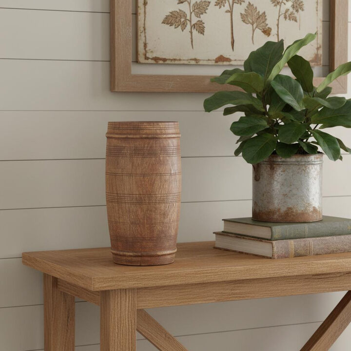 HomeRoots 9" Brown Solid Wood Cylinder Table Vase