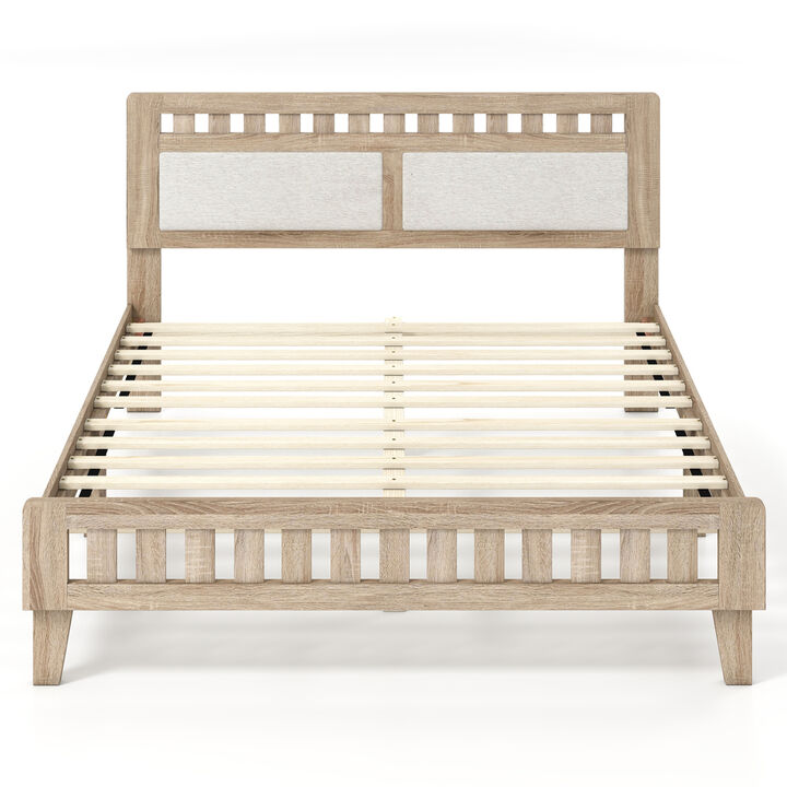 Modern Wood Bed Frame with Upholstered Headboard for Home Bedroom-Natural