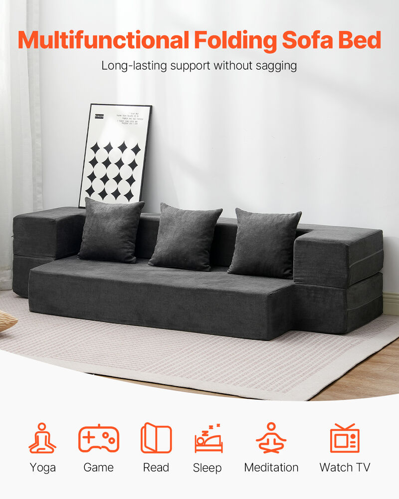 Folding Sofa Bed 3-in-1 Foldable Couch Bed with 3 Pillows Dark Grey Twin image number 1