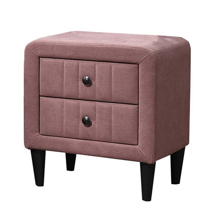 Rheo Nightstand, 2 Drawer, 22 Inch Blush Pink Brushed Linen Upholstery - Benzara