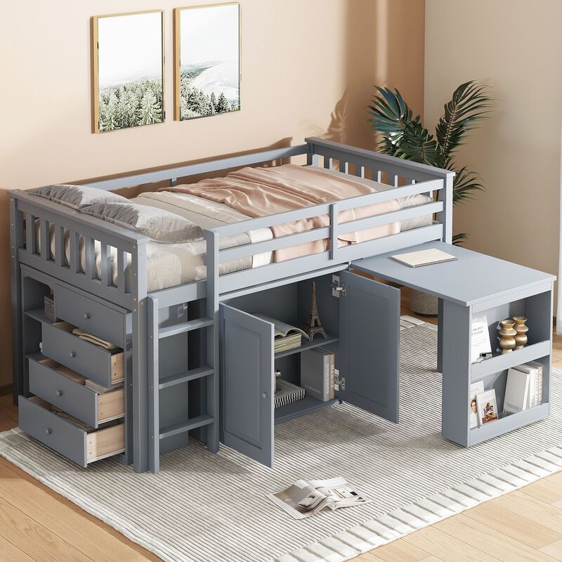 Whisen Twin Loft Bed with Drawers, Built-in Cabinet and Pulling-Out Desk, Rubber Wood Loft Bed with Safety Guardrail and Ladder - Gray