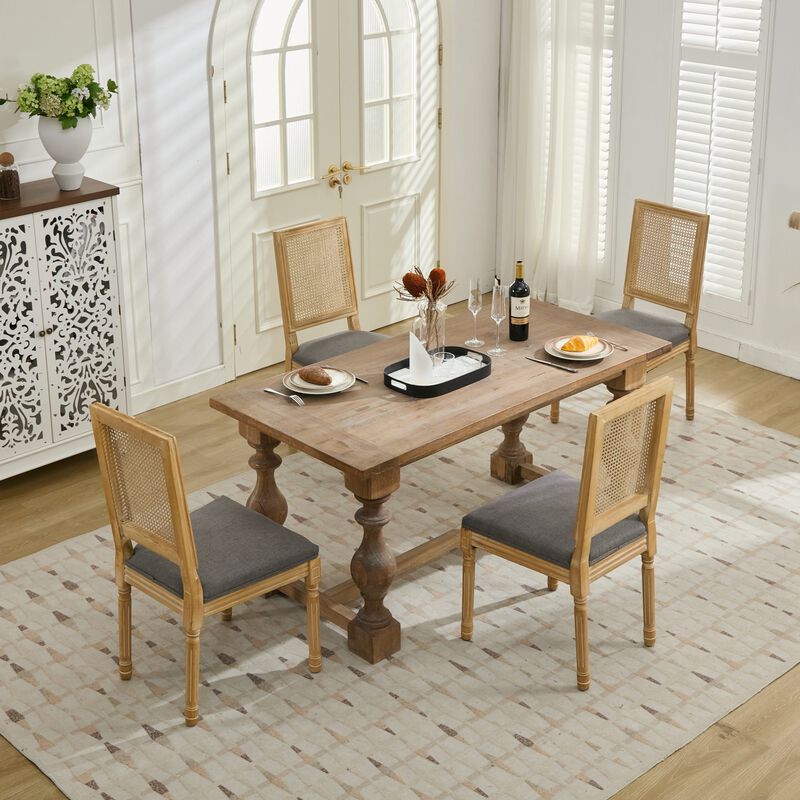 Whisen French Dining Chairs Set of 2, Solid Rubberwood Frame with Linen Upholstery and Rattan Back, for Living Room Kitchen Restaurant image number 5