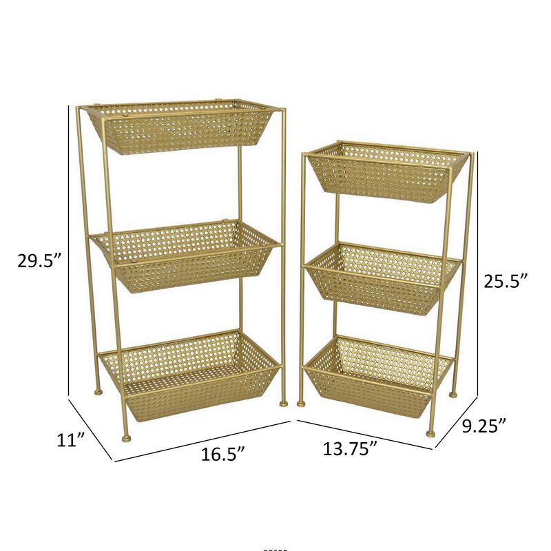 Set of 2 Standing Storage Units, 3 Shelves, Mesh Design, Gold Metal - Benzara