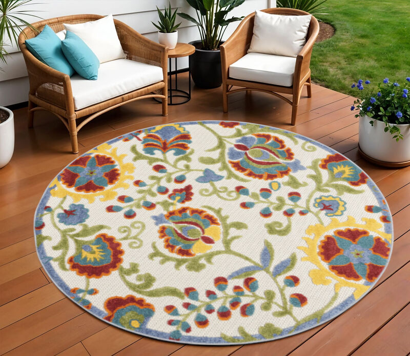 HomeRoots 8' Ivory Green Red And Yellow Round Floral Indoor Outdoor Area Rug image number 1