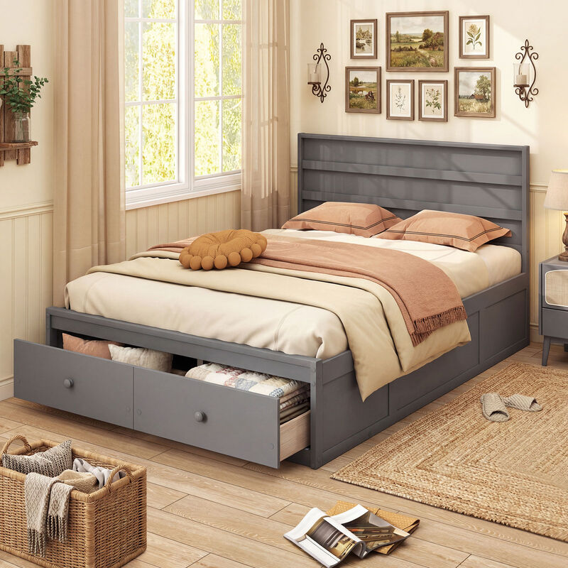 Full Wood Platform Bed Frame with Built-In Storage Drawers image number 3