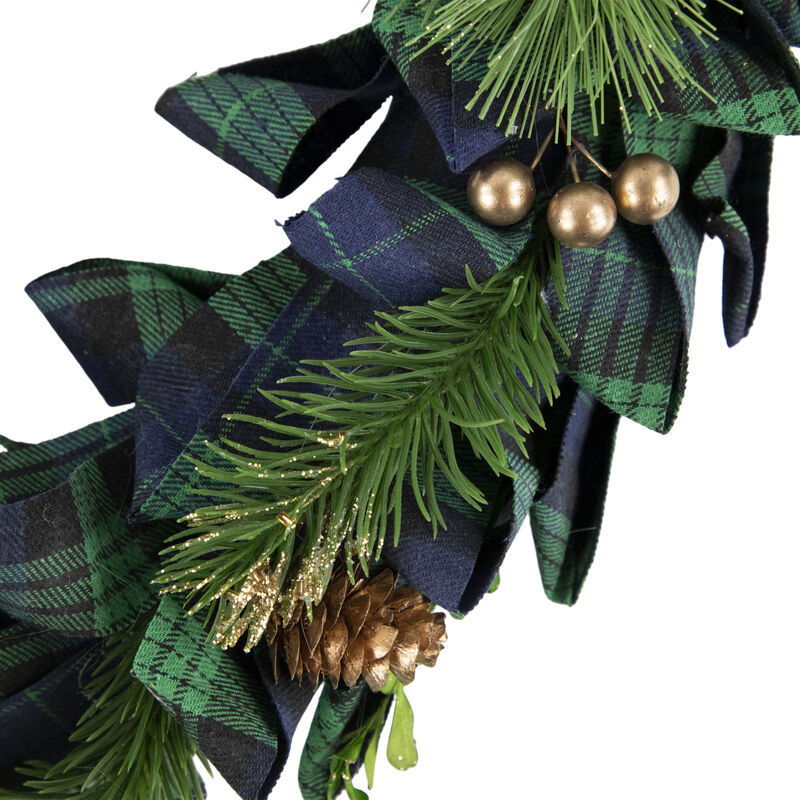 Blue and Green Plaid Bow Artificial Pine Christmas Wreath  17.75-Inch  Unlit