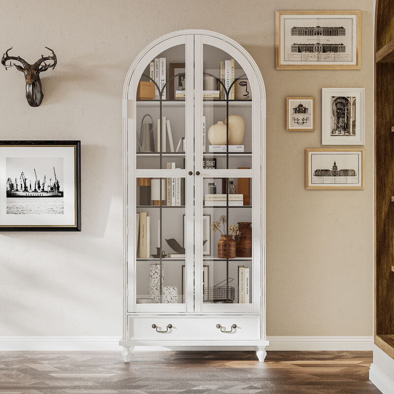 FUFU&GAGA Modern Display Storage Cabinet with 2 Glass Doors, 1 Drawer & Retro Handles, Solid Painted Wood Legs, Elevated Base, (34.6 in. W x 15.7 in. D x 77.2 in. H), White