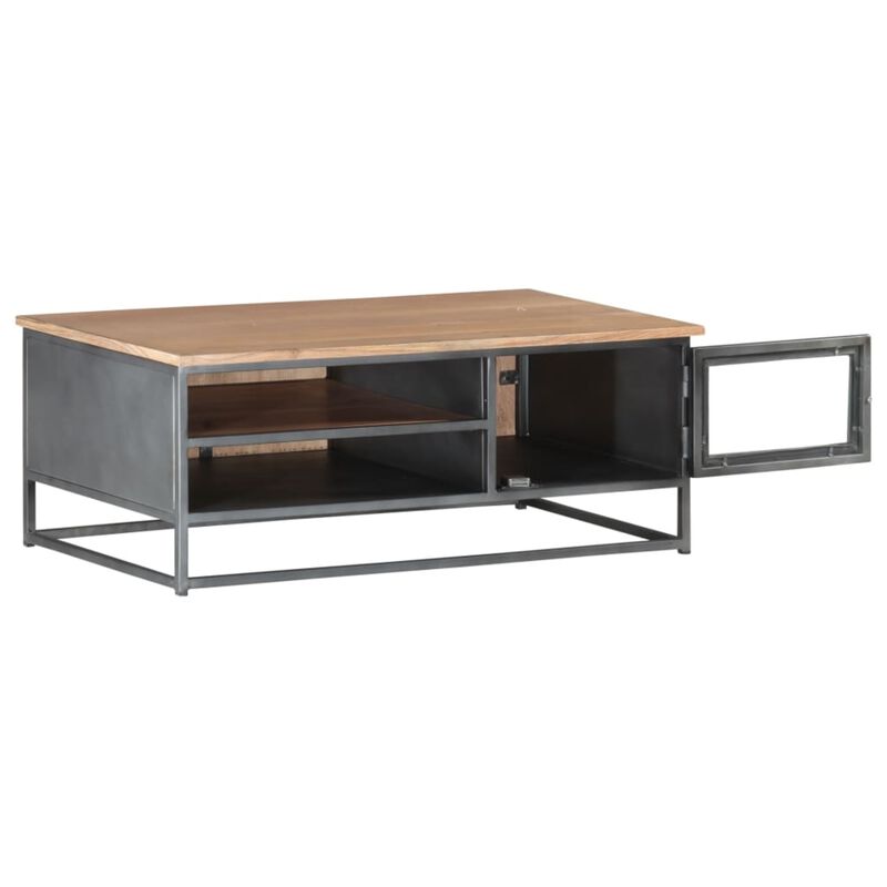 vidaXL Solid Acacia Wood Coffee Table with Storage Compartments and Glass Door, Stylish Hardwood Center Table with Steel Legs for Living Room or Office, Gray, 35.4"x19.7"x13.8"