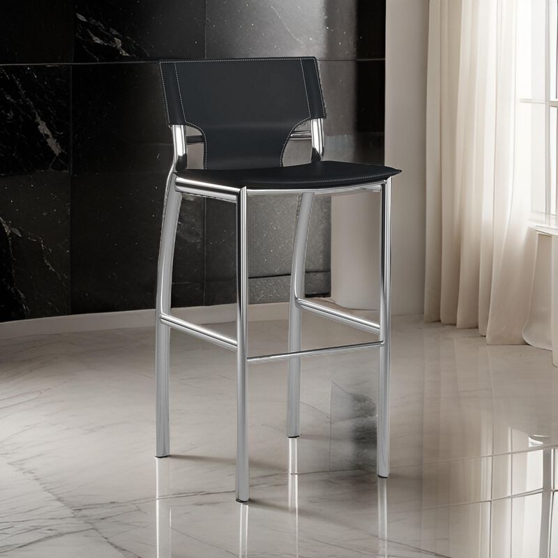 Illa 26 Inch Counter Height Chair, Set of 2, Chrome Base, Vegan Leather, Black - Benzara