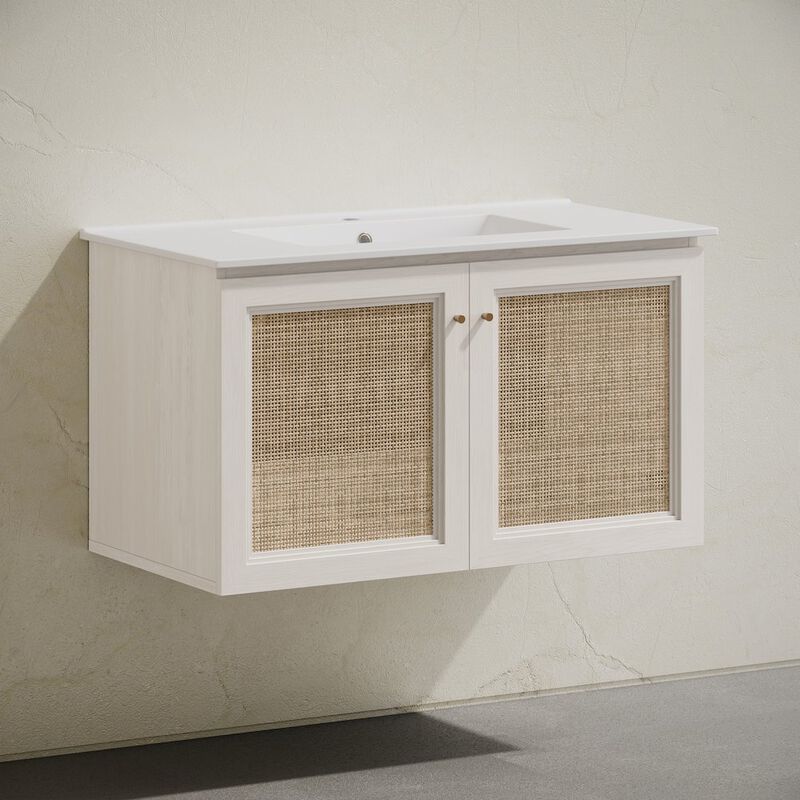 36" Wall-Mounted Bathroom Vanity in White Oak with Single Faucet Hole Vanity Top image number 2