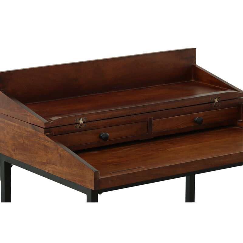 HomeRoots 31" Chestnut and Black Solid Wood and Iron Writing Desk With Two Drawers image number 5