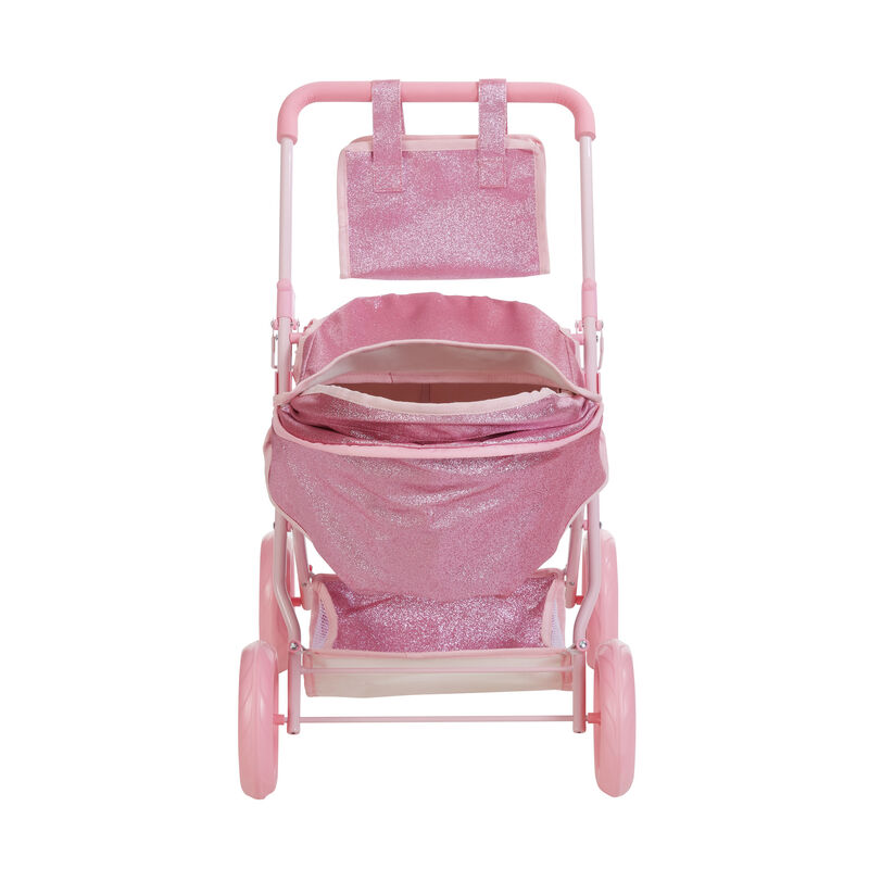 Olivia's Little World Baby Doll Bassinet Pram with Cover, Glitter Pink Doll Stroller with Retractable Canopy, Handle and Under Pram Storage for Doll Accessories image number 8