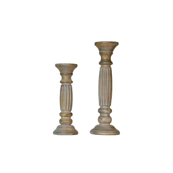 Traditional Gray Wash Eco-friendly Handmade Mango Wood Set Of Two 12" & 15" Pillar Candle Holder